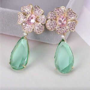 Elegant Pink and Green Floral Drop Earrings